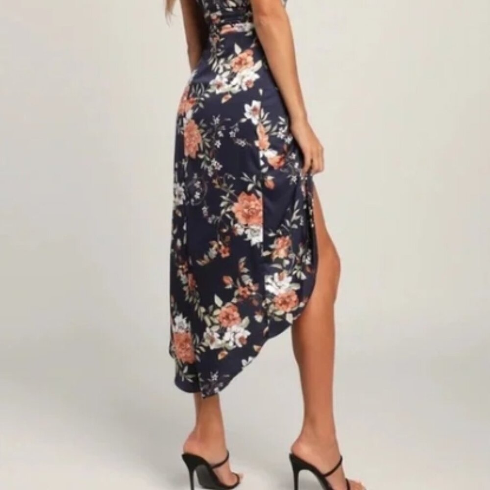 Lulus My Favorite Day Navy Blue Floral Print Satin Tulip Formal Midi Dress NEW - Picture 3 of 10